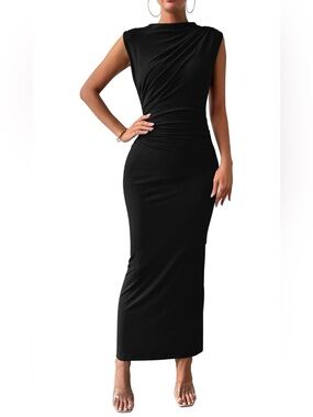 Sleeveless Black Maxi Dress with Side Draping